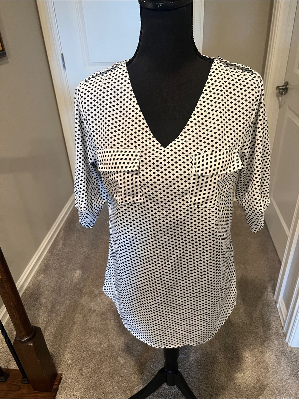Women’s Black and White Polka Dot V-Neck Blouse